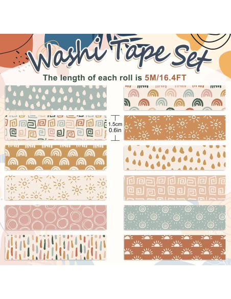 12 Rollos Cinta Washi Boho Retro Sol Arcoíris 5m x 1.5cm