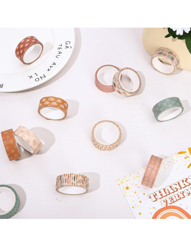 12 Rollos Cinta Washi Boho Retro Sol Arcoíris 5m x 1.5cm