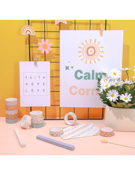 12 Rollos Cinta Washi Boho Retro Sol Arcoíris 5m x 1.5cm