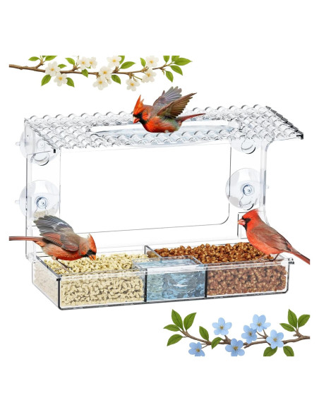 Comedero para Aves de Ventana Luugoo con 3 Semillas y Doble Agua