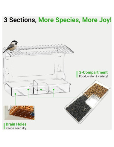 Comedero para Aves de Ventana Luugoo con 3 Semillas y Doble Agua