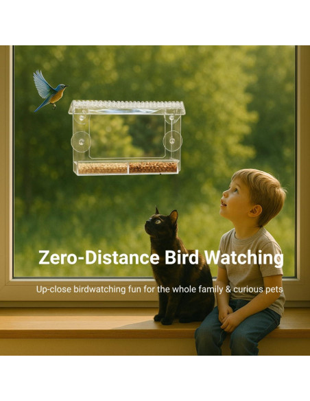 Comedero para Aves de Ventana Luugoo con 3 Semillas y Doble Agua