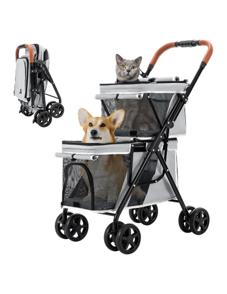 Carrito Doble para Mascotas LPOTIUS Gris Plegable 20 kg