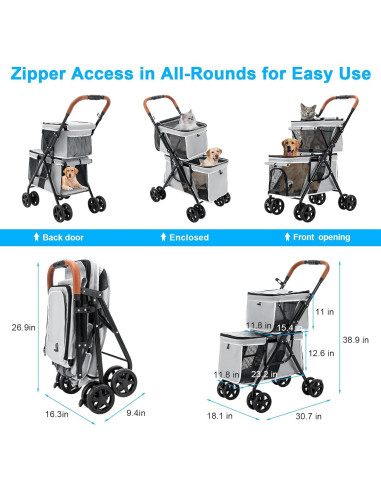 Carrito Doble para Mascotas LPOTIUS Gris Plegable 20 kg