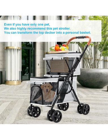 Carrito Doble para Mascotas LPOTIUS Gris Plegable 20 kg