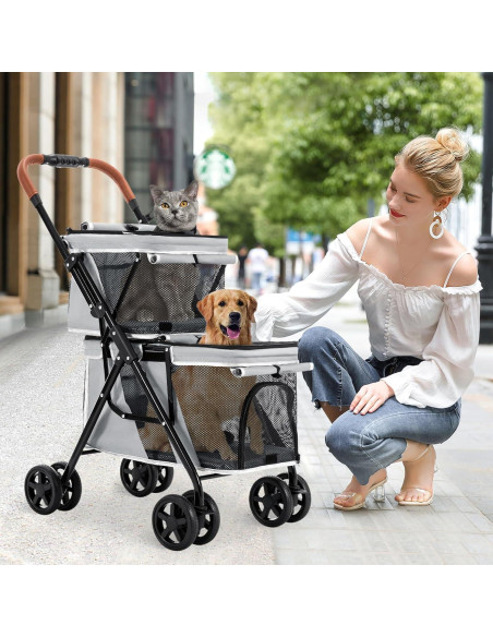 Carrito Doble para Mascotas LPOTIUS Gris Plegable 20 kg