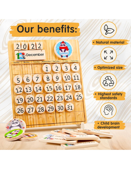 Calendario Perpetuo de Madera Panda Brothers - Juguete Educativo Montessori