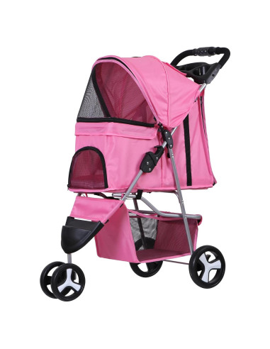 Carrito Plegable para Mascotas LEMY Rosa 3 Ruedas 15 kg