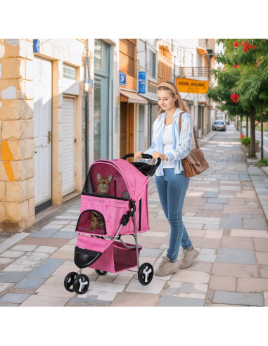Carrito Plegable para Mascotas LEMY Rosa 3 Ruedas 15 kg