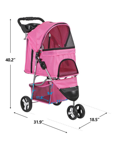 Carrito Plegable para Mascotas LEMY Rosa 3 Ruedas 15 kg