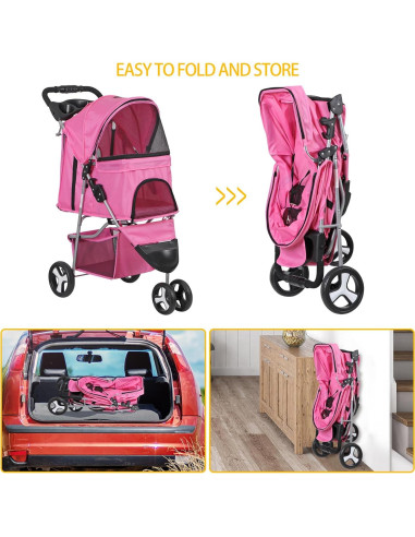 Carrito Plegable para Mascotas LEMY Rosa 3 Ruedas 15 kg