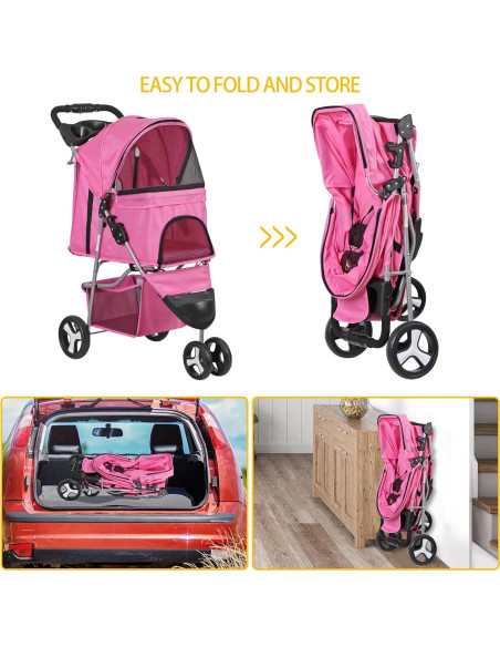 Carrito Plegable para Mascotas LEMY Rosa 3 Ruedas 15 kg