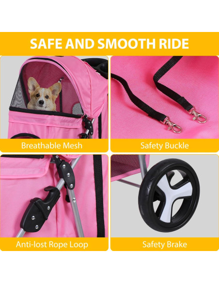 Carrito Plegable para Mascotas LEMY Rosa 3 Ruedas 15 kg