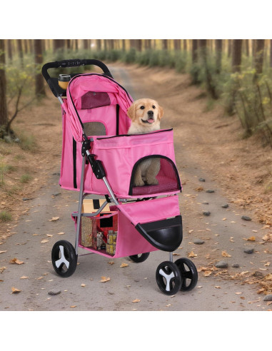 Carrito Plegable para Mascotas LEMY Rosa 3 Ruedas 15 kg