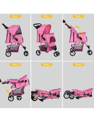 Carrito Plegable para Mascotas LEMY Rosa 3 Ruedas 15 kg