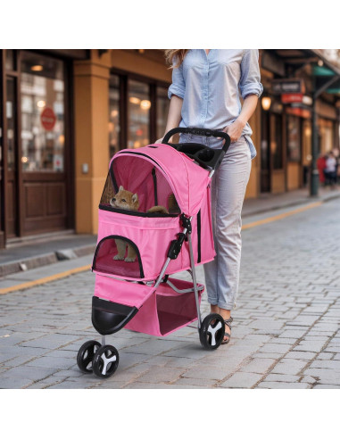Carrito Plegable para Mascotas LEMY Rosa 3 Ruedas 15 kg