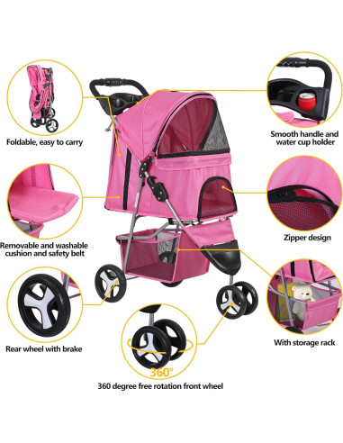 Carrito Plegable para Mascotas LEMY Rosa 3 Ruedas 15 kg