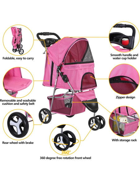 Carrito Plegable para Mascotas LEMY Rosa 3 Ruedas 15 kg