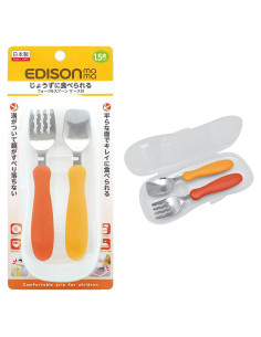 Tenedor y cuchara anti-caídas Edison Naranja Verde 3 piezas