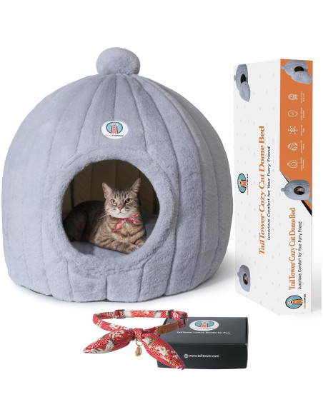 Cama Domo para Gatos Grandes TailTower 61x58 cm Gris Claro