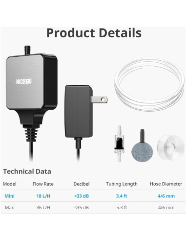 Bomba de Aire Silenciosa NICREW para Acuario 37.85L Negra