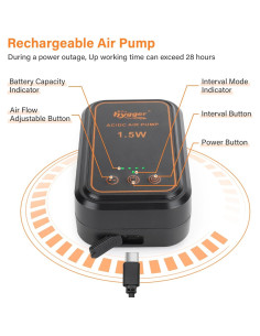 Bomba de aire recargable Hygger para acuario 1.5W hasta 125L 2