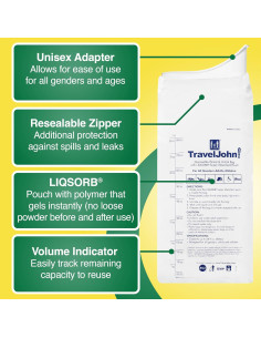 Orinal desechable TravelJohn 800 ml resellable - Paquete de 6 2