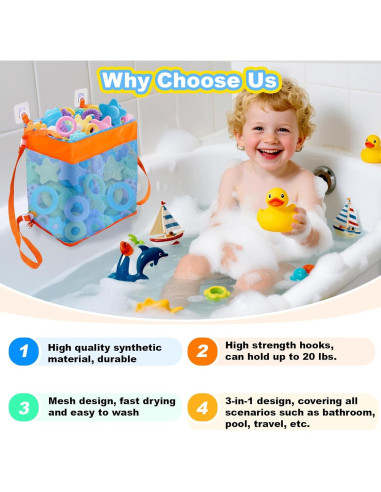 Bolsa de Almacenamiento de Juguetes de Baño 3 en 1 Naranja y Azul