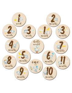 16 Discos de Hitos Mensuales de Madera Tiamon Elefante Azul