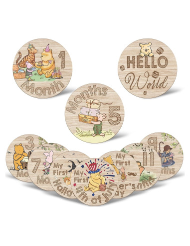 10 Tarjetas de Hitos de Bebé Winnie Pooh de Madera