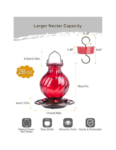 Alimentador de Colibríes Auslar 0.77L Vidrio Rojo Colgante