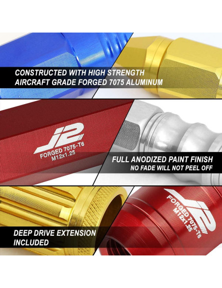 Tuercas de Rueda Abiertas J2 Ingeniería 16 Pcs M12x1.25 Negro