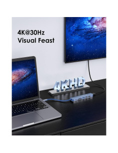 Hub USB-C Lention 7 en 1 con HDMI 4K y carga 100W Azul 2