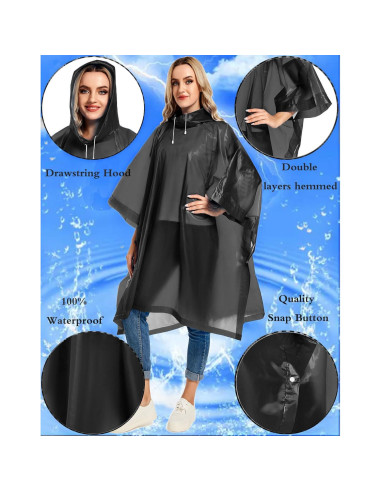 2 Ponchos de Lluvia Reutilizables Borogo para Adultos - Negro