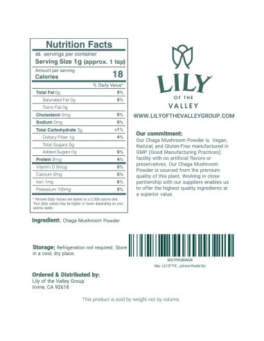 Polvo de Hongo Chaga LIRIO DEL VALLE 226g - Superalimento Vegano