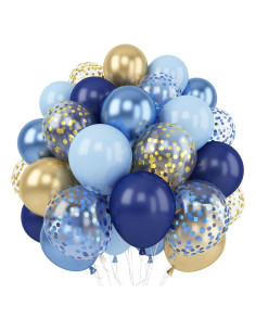 60 Globos Metálicos Azul Marino y Claro con Confeti Dorado