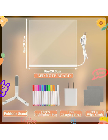 Tablero de Notas LED MOUNTCLIM 20.32x20.32 cm con 12 Marcadores