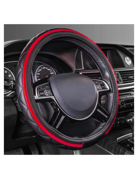 Cubierta de Volante de Cuero CAR PASS Negro y Rojo 37-38 cm