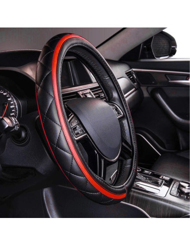 Cubierta de Volante de Cuero CAR PASS Negro y Rojo 37-38 cm