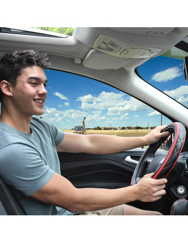 Cubierta de Volante de Cuero CAR PASS Negro y Rojo 37-38 cm