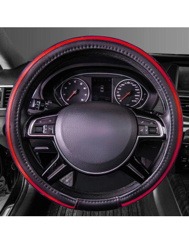 Cubierta de Volante de Cuero CAR PASS Negro y Rojo 37-38 cm