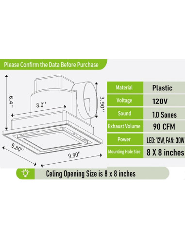 Ventilador Extractor de Baño MEOZRI 20.32cm Luz LED 42W