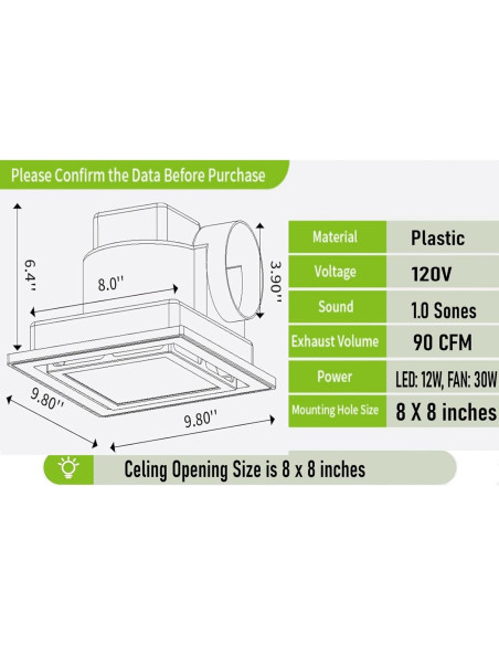 Ventilador Extractor de Baño MEOZRI 20.32cm Luz LED 42W