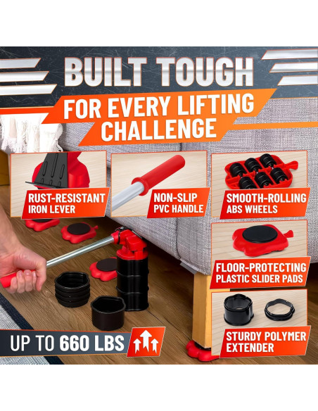 Elevador de Muebles Lagarto RED - Carga 299 kg, Ruedas 360