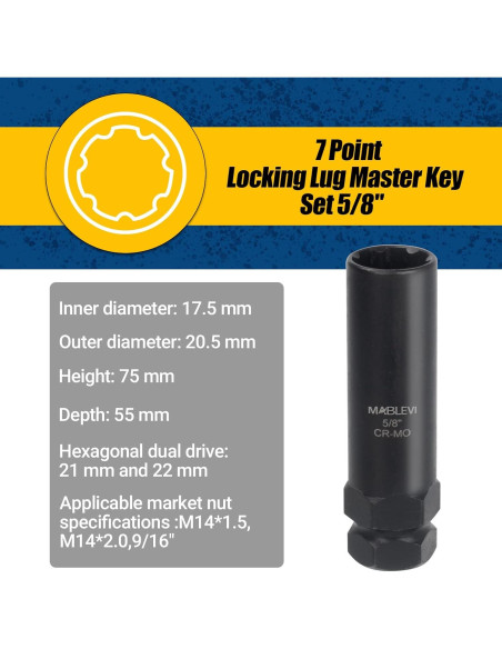 Kit de Llaves de Bloqueo de Ruedas MABLEVI 8 Piezas 20.6-22.2 mm