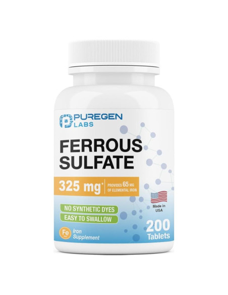 Suplemento de Hierro Sulfato Ferroso Puregen Labs 325 mg - 200 Tabletas
