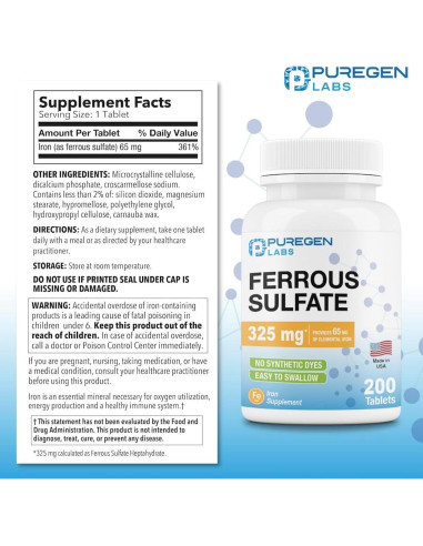 Suplemento de Hierro Sulfato Ferroso Puregen Labs 325 mg - 200 Tabletas