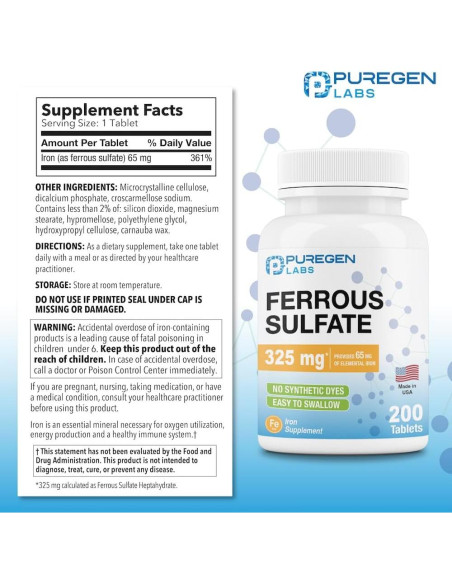 Suplemento de Hierro Sulfato Ferroso Puregen Labs 325 mg - 200 Tabletas