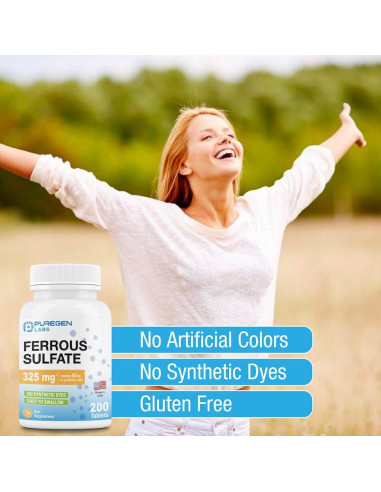Suplemento de Hierro Sulfato Ferroso Puregen Labs 325 mg - 200 Tabletas