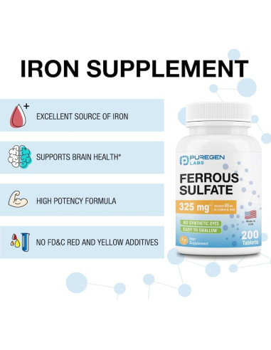 Suplemento de Hierro Sulfato Ferroso Puregen Labs 325 mg - 200 Tabletas